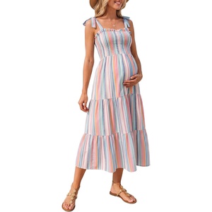 image:imageSummer Mae Smocked Maternity Dress with Pockets Baby Shower Summer Outfit  Women pregnancy adjustable tie clothes flowy midi dress for beach wedding guest photoshoot and daily wearRainbow Striped