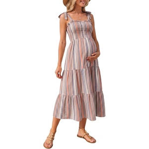 image:imageSummer Mae Smocked Maternity Dress with Pockets Baby Shower Summer Outfit  Women pregnancy adjustable tie clothes flowy midi dress for beach wedding guest photoshoot and daily wearSunshine Striped